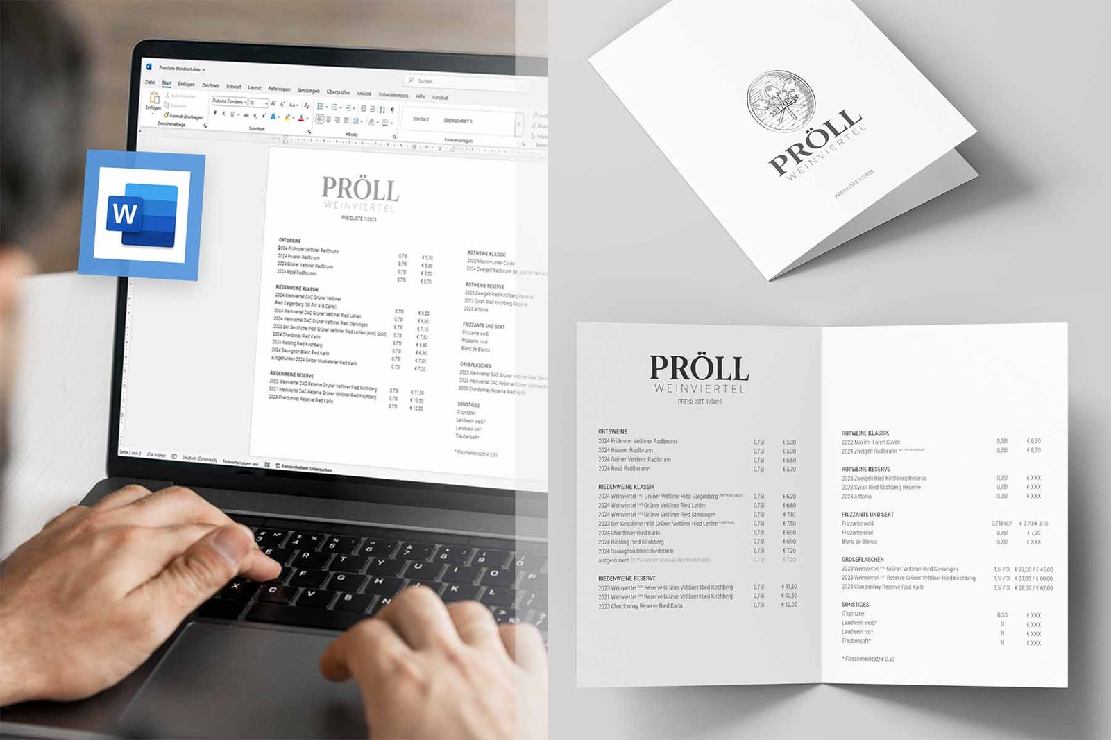 Ein Mann nutzt auf seinem Laptop die Word-Vorlage für die Weinpreisliste des Weinguts Pröll.