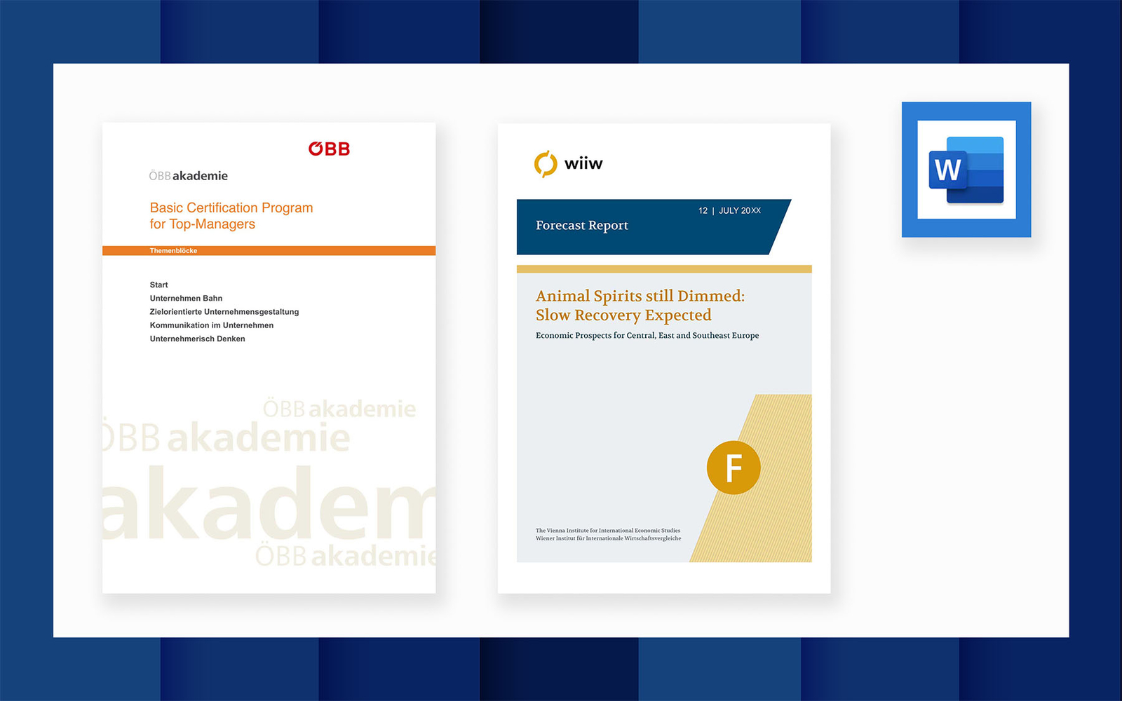 Grafische Darstellung von zwei professionellen Word-Templates für die ÖBB-Akademie und das Wiener Institut für Internationale Wirtschaftsvergleiche.