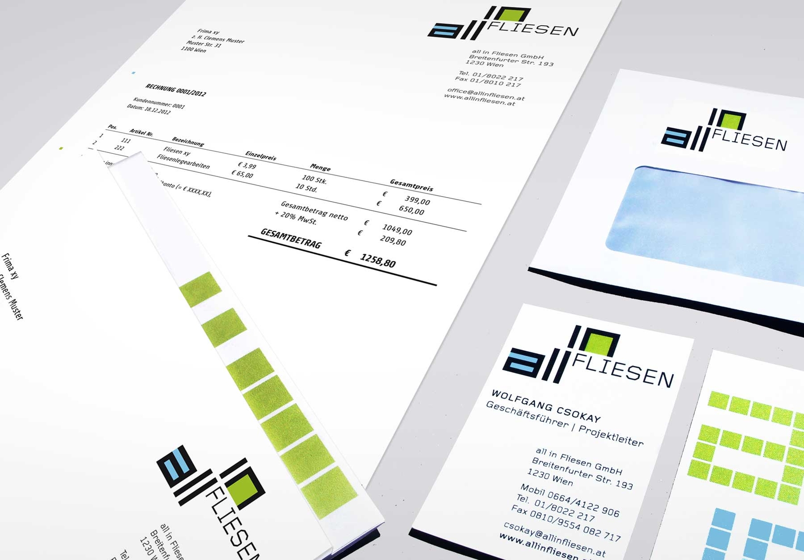 All in Fliesen – Rechnung, Kuvert und Visitenkarten