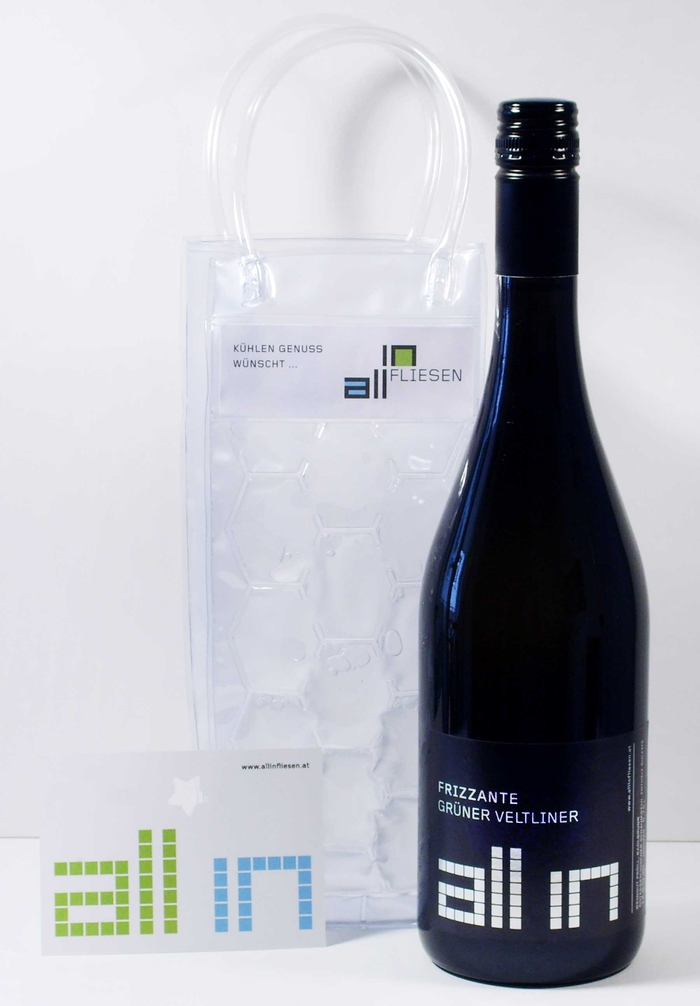 All in Fliesen – Weihnachtsgeschenk Sekt und Sektkühler im Corporate Design