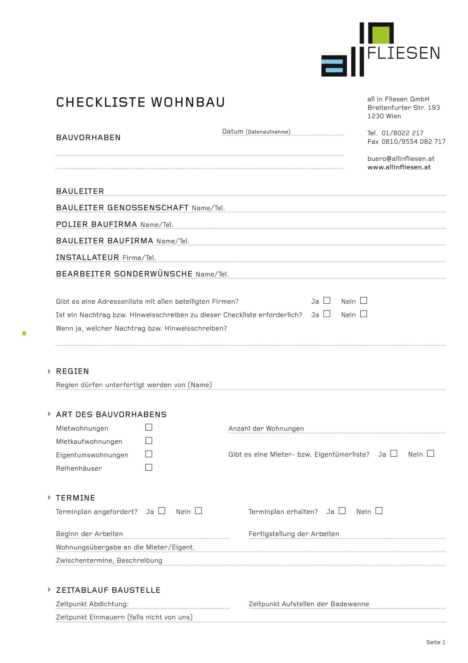 All in Fliesen – Formular Checkliste Wohnbau