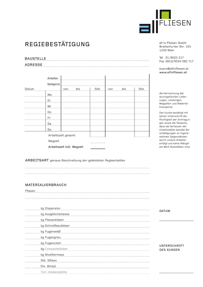 All in Fliesen – Formular Regiebestätigung