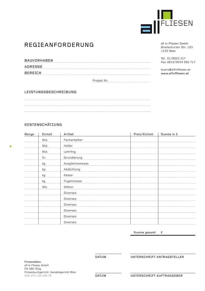 All in Fliesen – Formular Regieanforderung