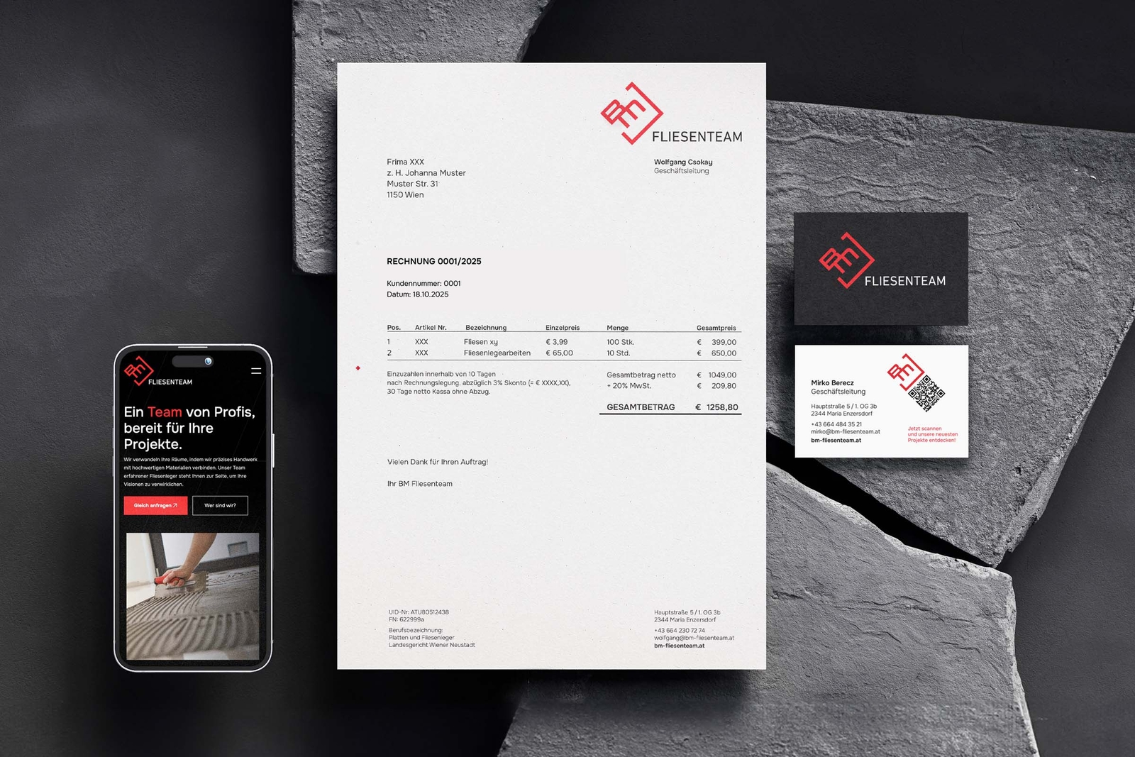 Rechnung, Visitenkarte und mobile Ansicht des Corporate Designs für das BM Fliesenteam.