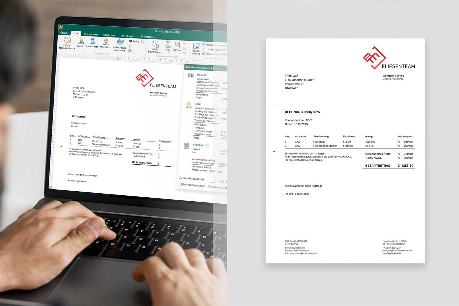 Mann tippt eine Rechnung auf dem Laptop am Schreibtisch.