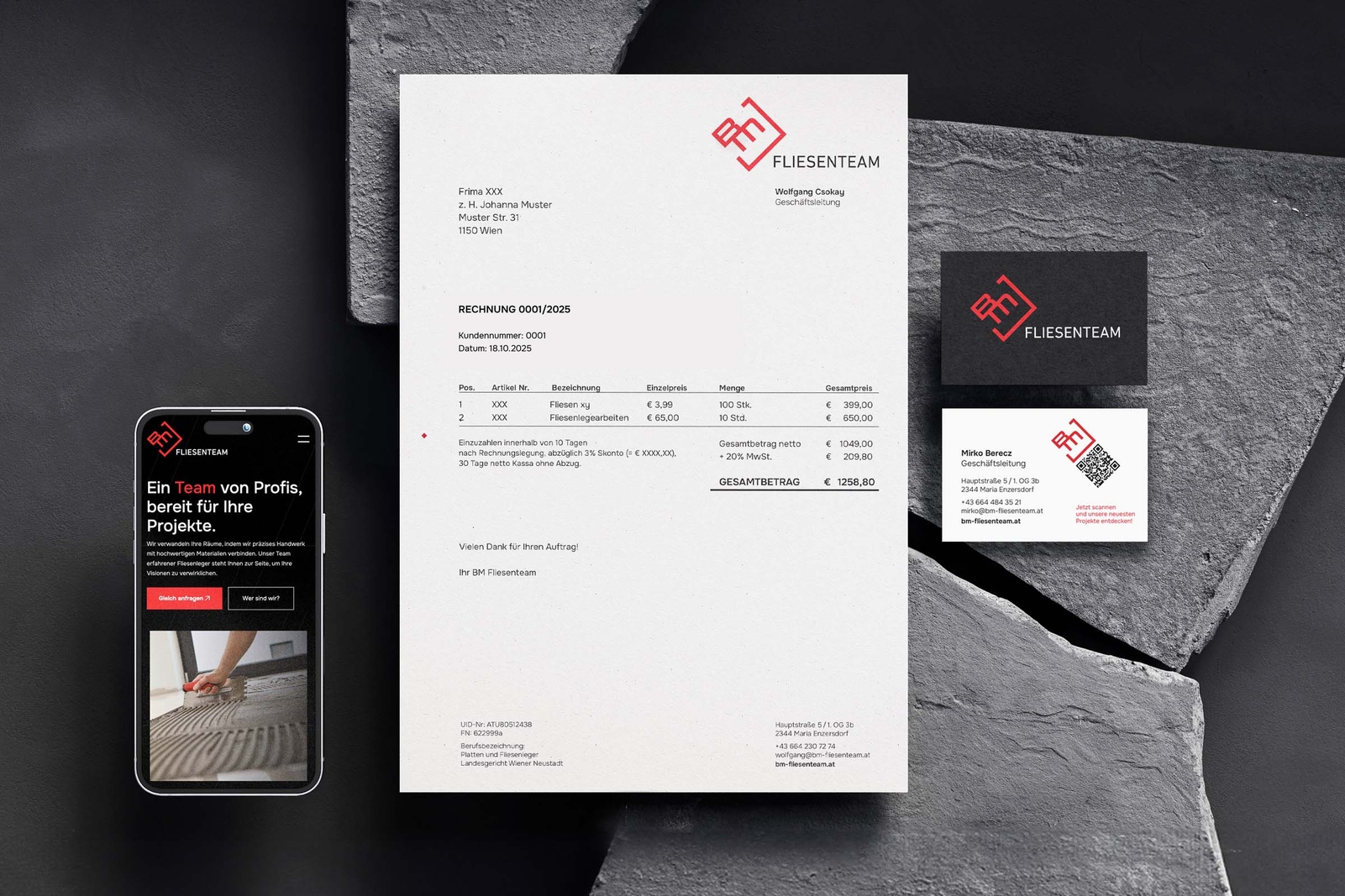 Rechnung, Visitenkarte und mobile Ansicht des Corporate Designs für das BM Fliesenteam.