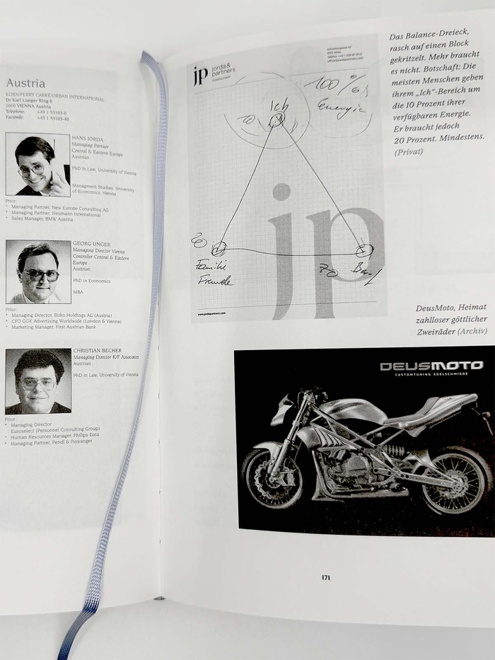 Doppelseite aus dem Buch von Hans Jorda, mit Text, Porträtbildern und Zeitungsausschnitten.