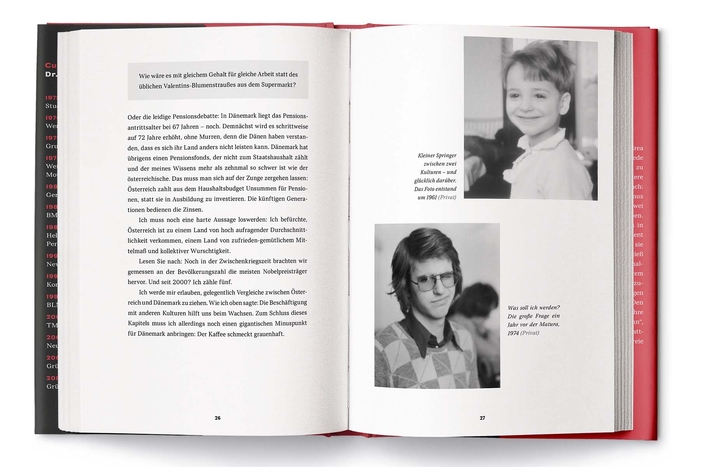 Doppelseite aus Hans Jordas Buch mit Textpassagen und Porträtbildern aus seiner Kindheit und Jugend.
