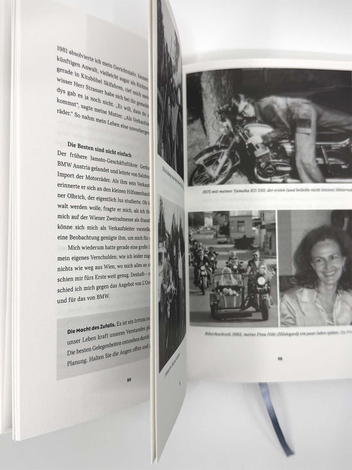 Doppelseite aus dem Buch von Hans Jorda, zeigt Text und mehrere Motorradbilder.