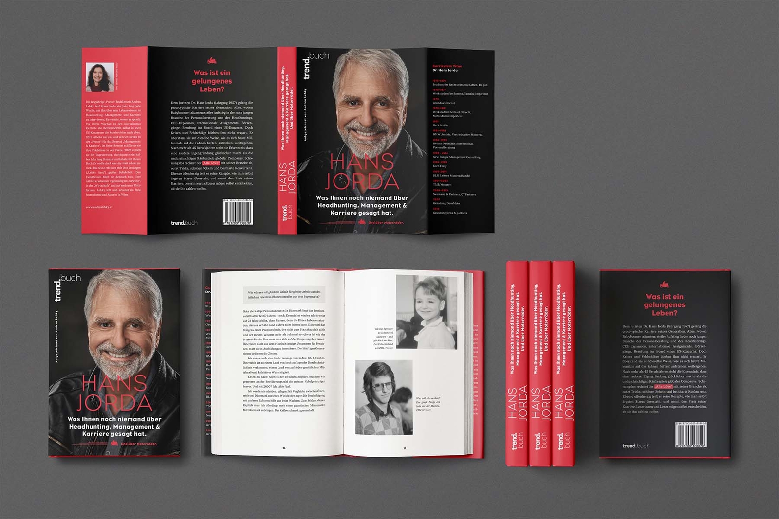 Ansicht des Buchs von Hans Jorda, von vorne und von hinten, zeigt Umschlag, Cover, Rückseite, eine geöffnete Innenseite und den Buchrücken.