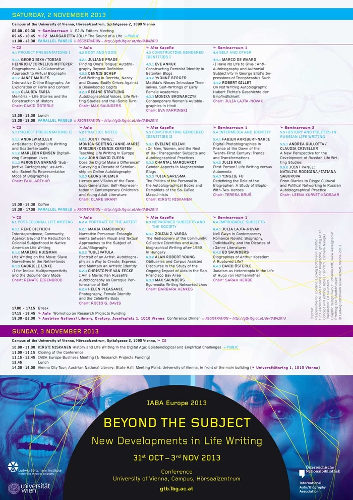 Programmflyer für die Konferenz Beyond the Subject – New Developments in Life Writing