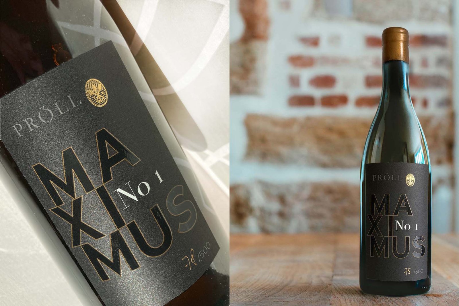 Etikett für die Limited Edition Maximus No1 des Weinguts Pröll, Detail- und Flaschenansicht.