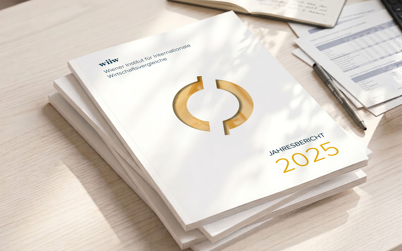 Cover des wiiw-Jahresberichts 2025, von oben fotografiert auf einem Tisch liegend.