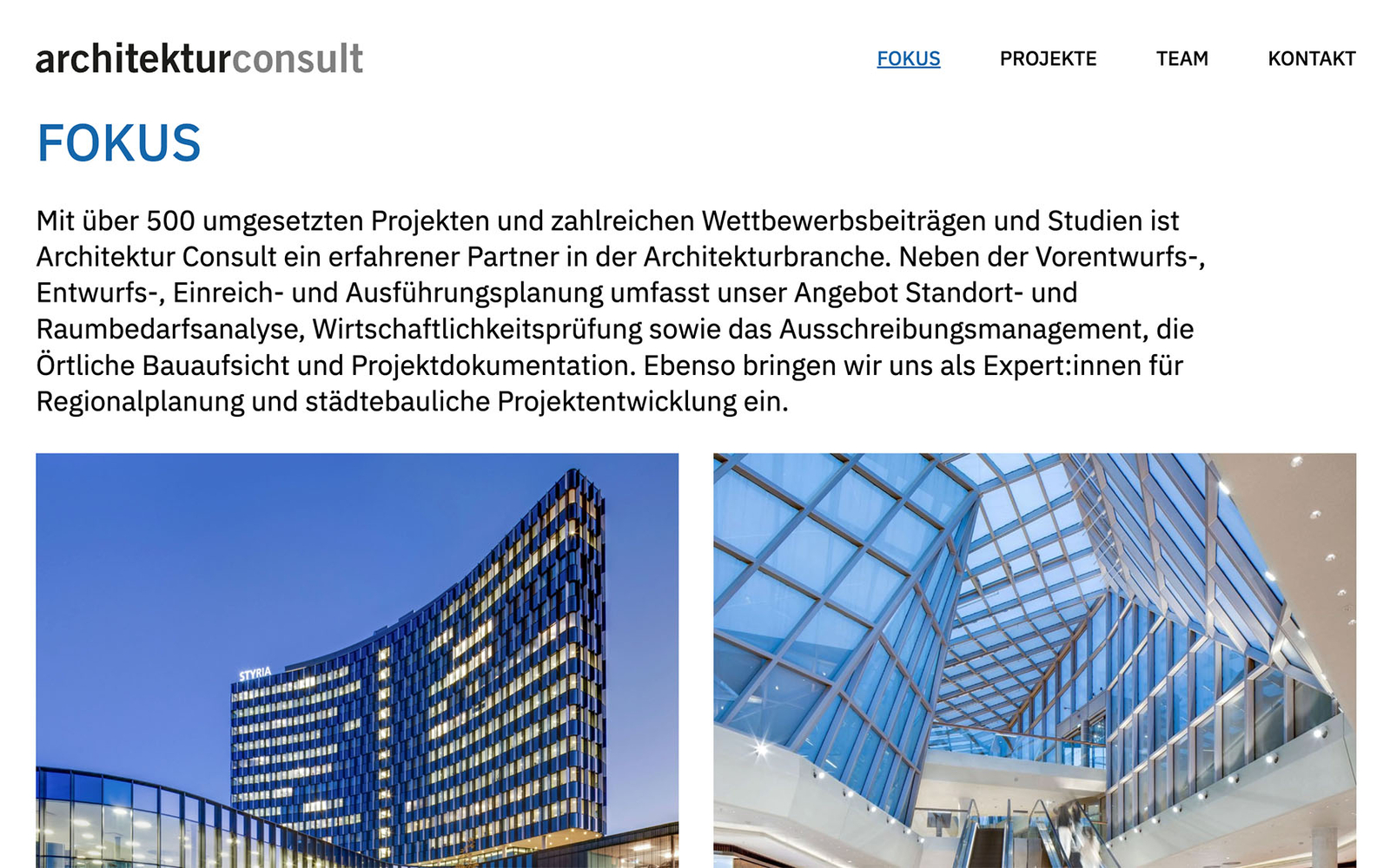 Fokusseite des Architektur- und Planungsbüros architektuconsult mit einleitendem Text und zwei Projektbildern.