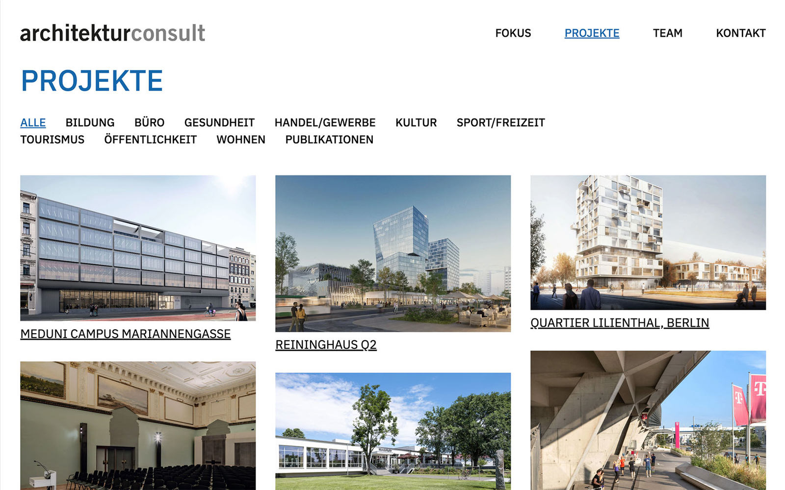 Übersichtseite der Projektseite von architektuconsult mit sichtbarer Suchfunktion nach Kategorien.