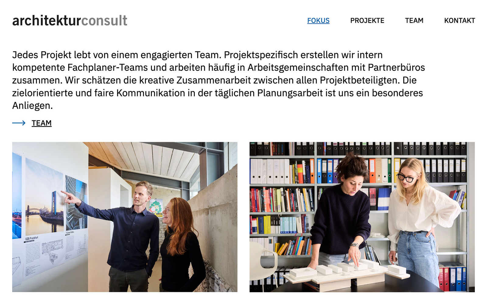 Fokusseite von architektuconsult mit zwei Bürobildern und begleitendem Text, der das Büro vorstellt.