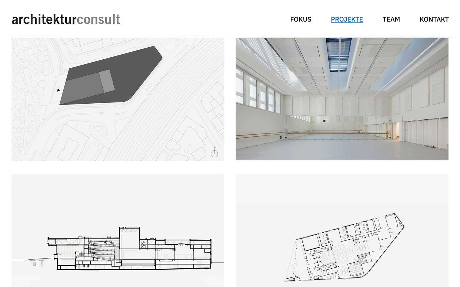 Projektseite von architektuconsult mit mehreren Projektplänen.