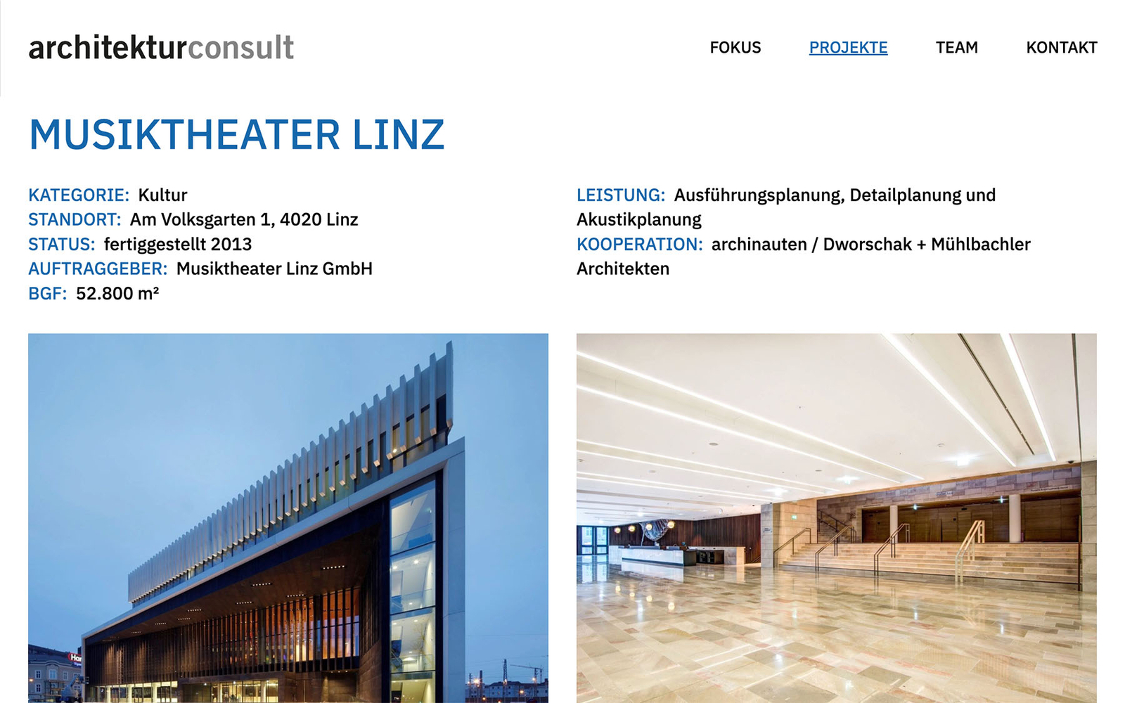 Projektseite von architektuconsult mit mehreren Bildern und Details zum Projekt.