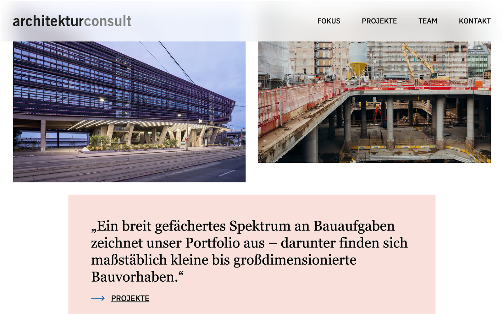 Startseite des Architektur- und Planungsbüros architektuconsult mit zwei Projektbildern und einem Zitat.