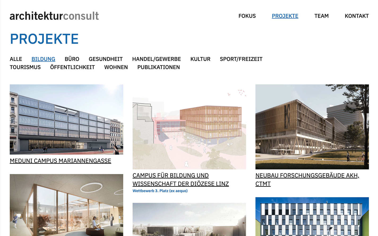 Projektübersicht von architektuconsult mit sichtbarer Suche in der Kategorie Bildung.