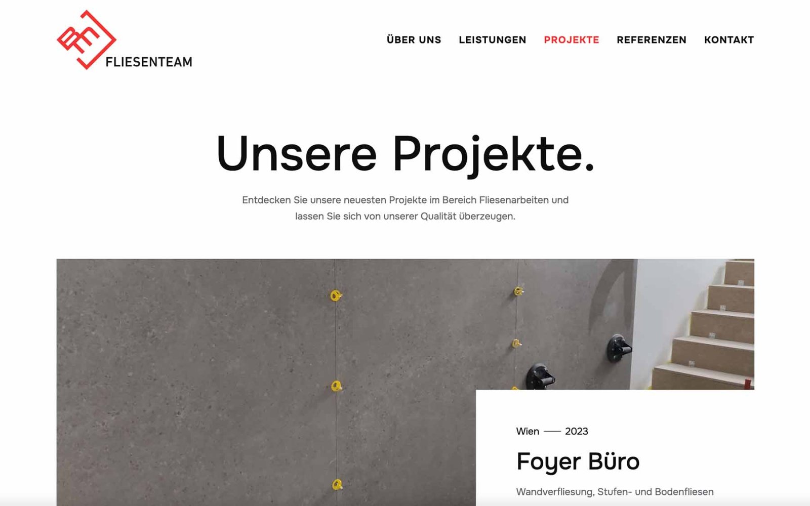 Website BM Fliesenteam, Unterseite zu den Projekten mit Bildern und Infotext