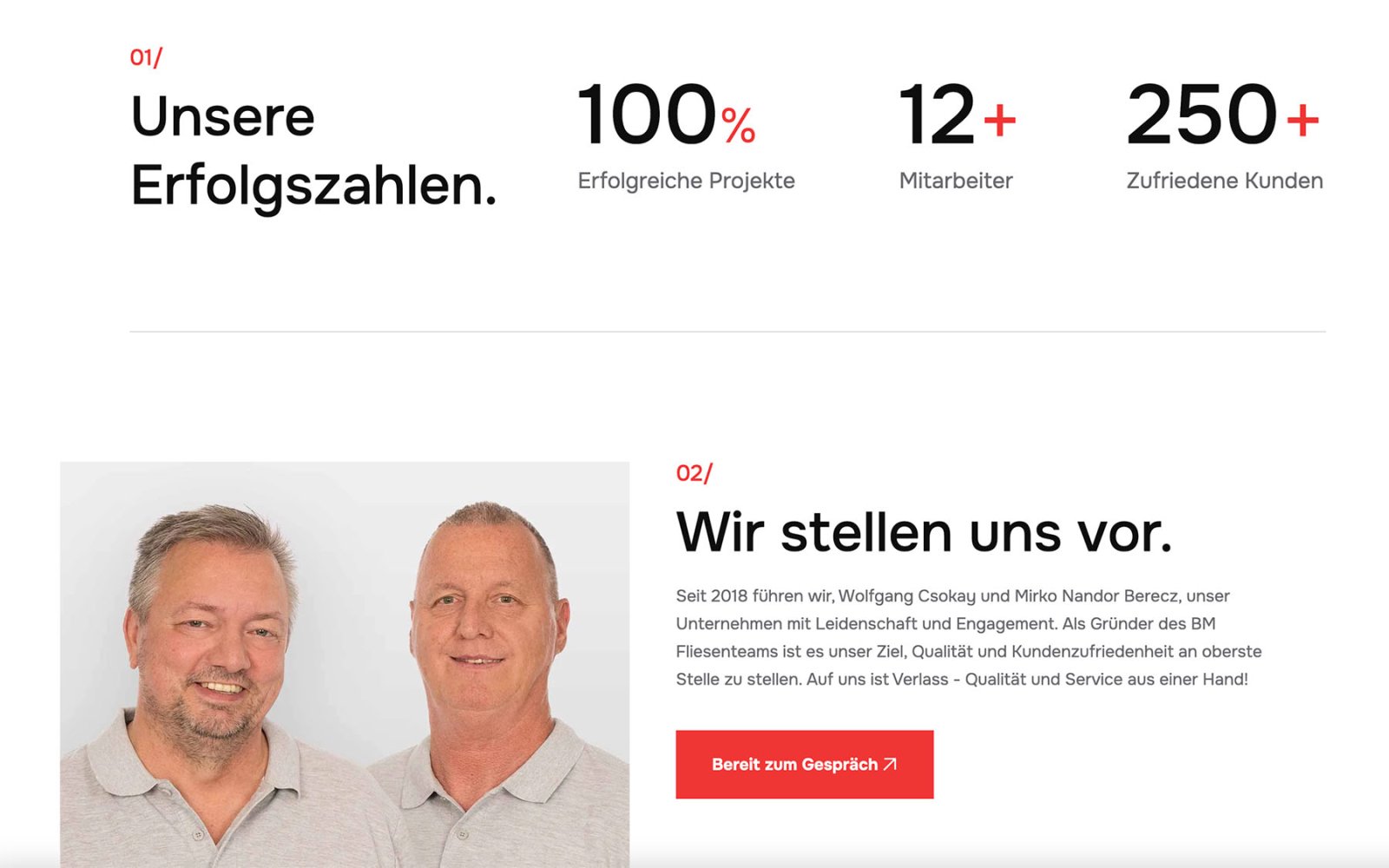 Website BM Fliesenteam, Unterseite über uns mit Erfolgszahlen, Teamfoto und Text