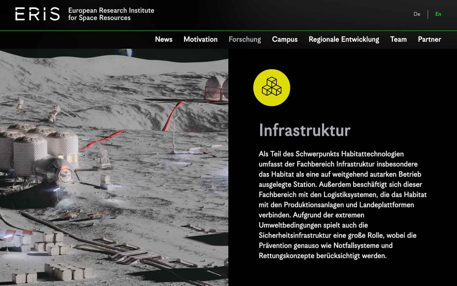 Website ERIS - European Research Institute for Space Resources – Infrastruktur