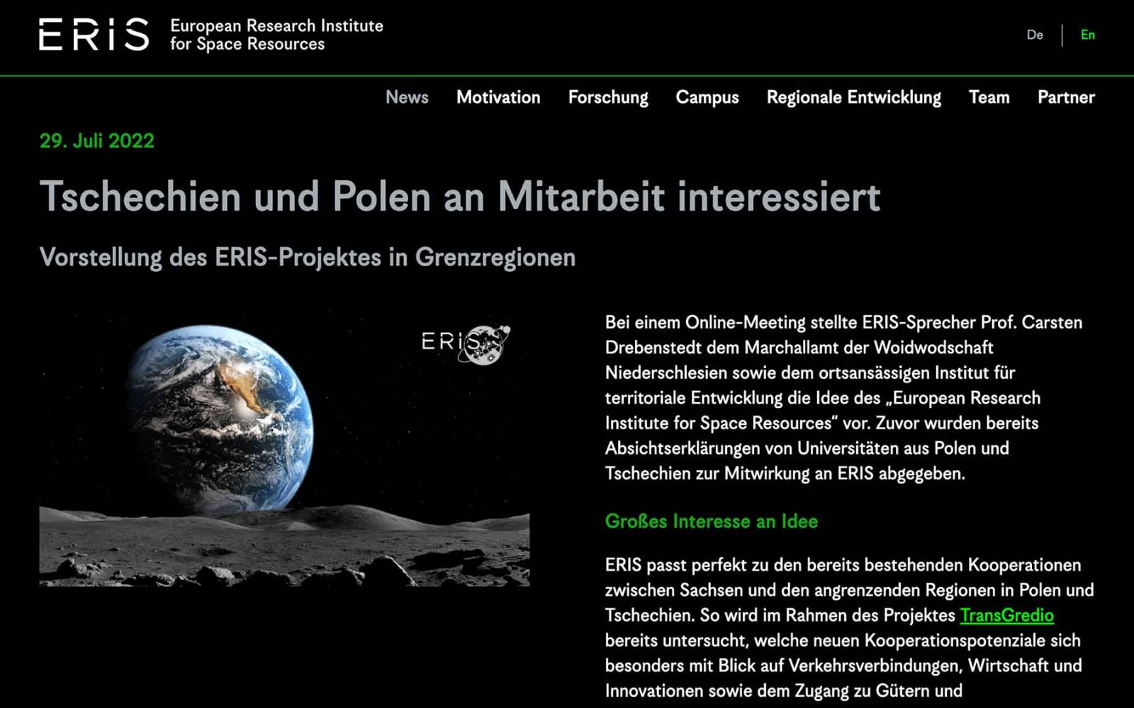 Website ERIS - European Research Institute for Space Resources – News