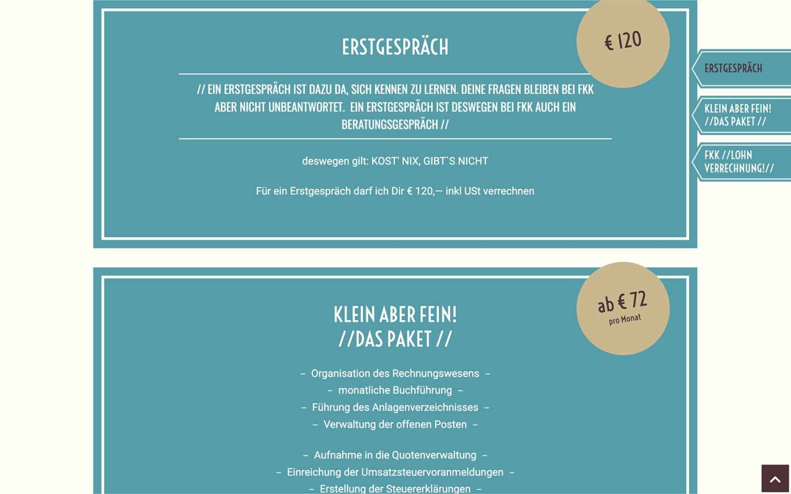 Website Feine Kleine Kanzlei Steuerberatung Angebotsübersicht Scrolldown