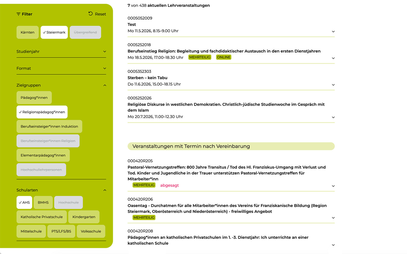 Fortbildungsprogramm PPH Augustinum, gefilterte Ansicht nach Region Steiermark mit aktiven Filtern für Zielgruppen und Schularten