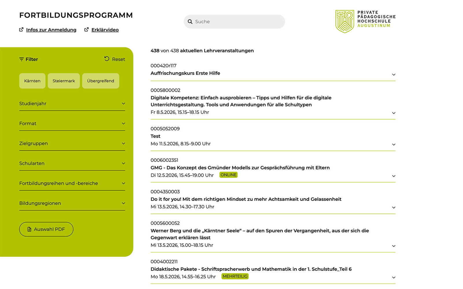 Fortbildungsprogramm PPH Augustinum – Übersicht aller 438 aktuellen Lehrveranstaltungen mit Filterbereich
