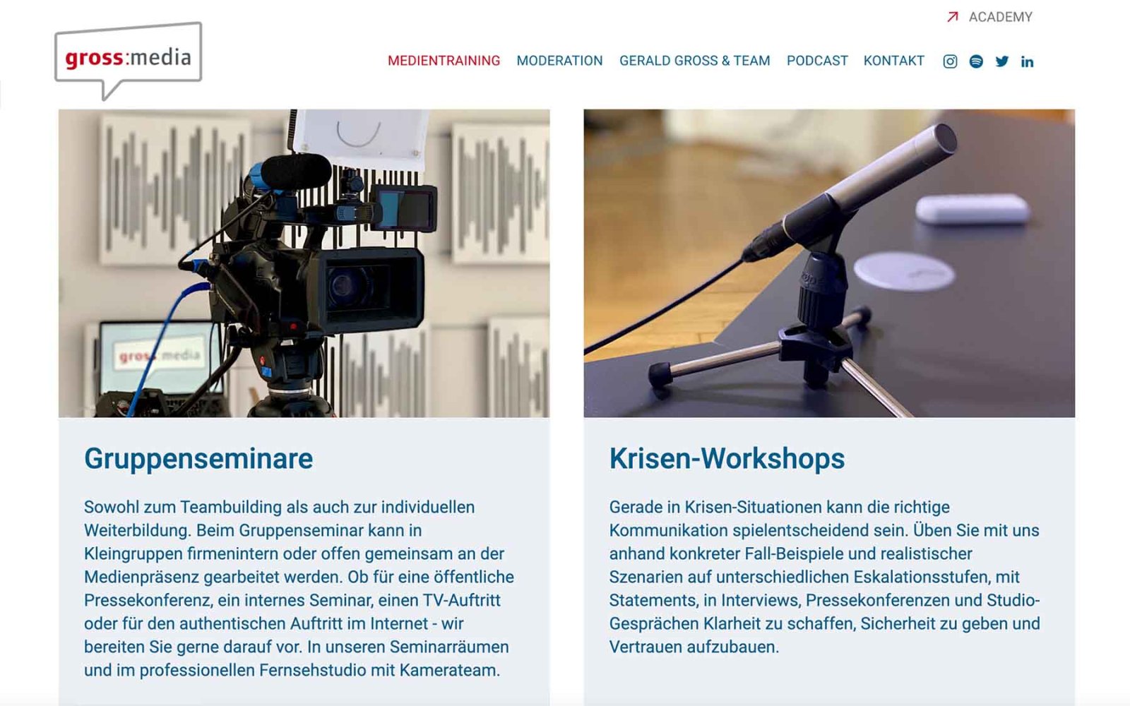 Website grossmedia.at Medientraining Workshopübersicht