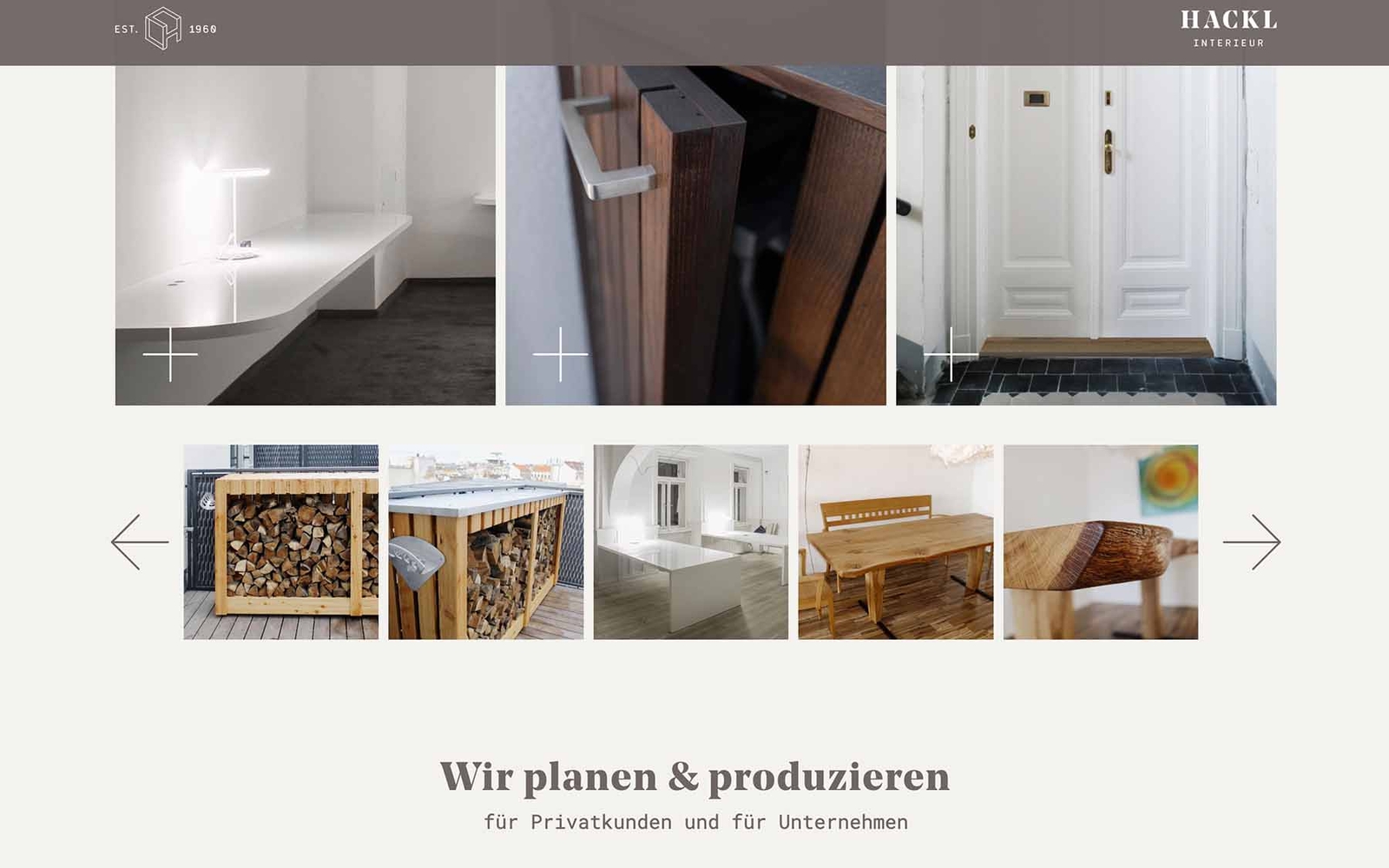 Website-Startseite Hackl Interieur Scrolldown mit Infos über Planung und Produktion