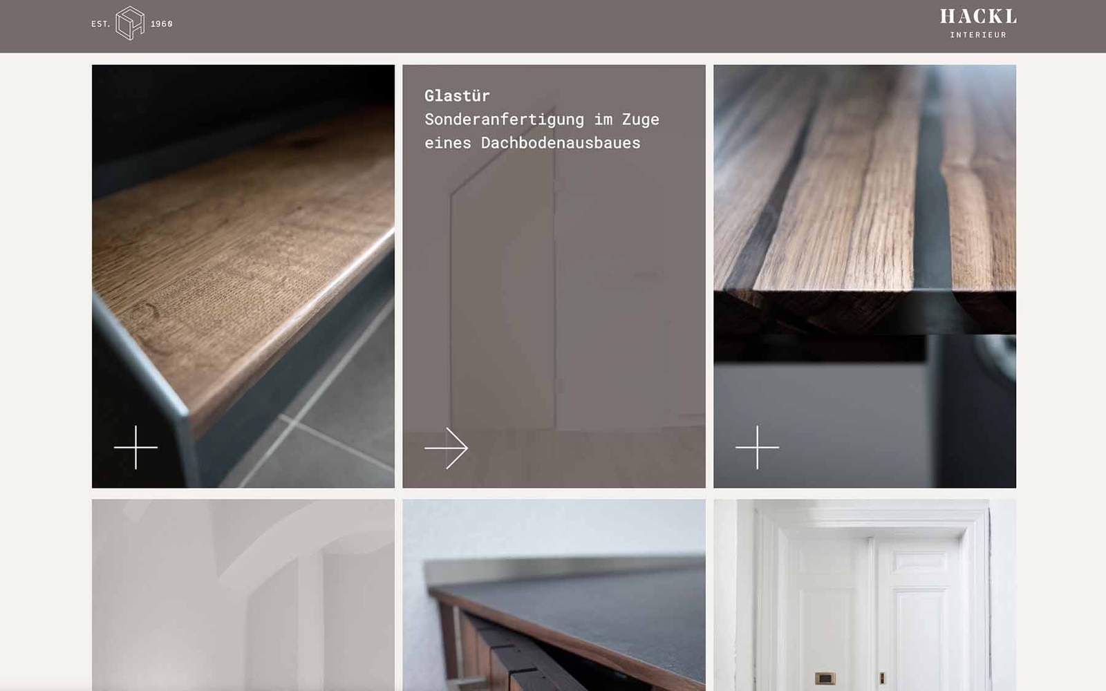 Website-Projektübersicht Hackl Interieur, mehrere Bilder zu den jeweiligen Tischlerarbeiten