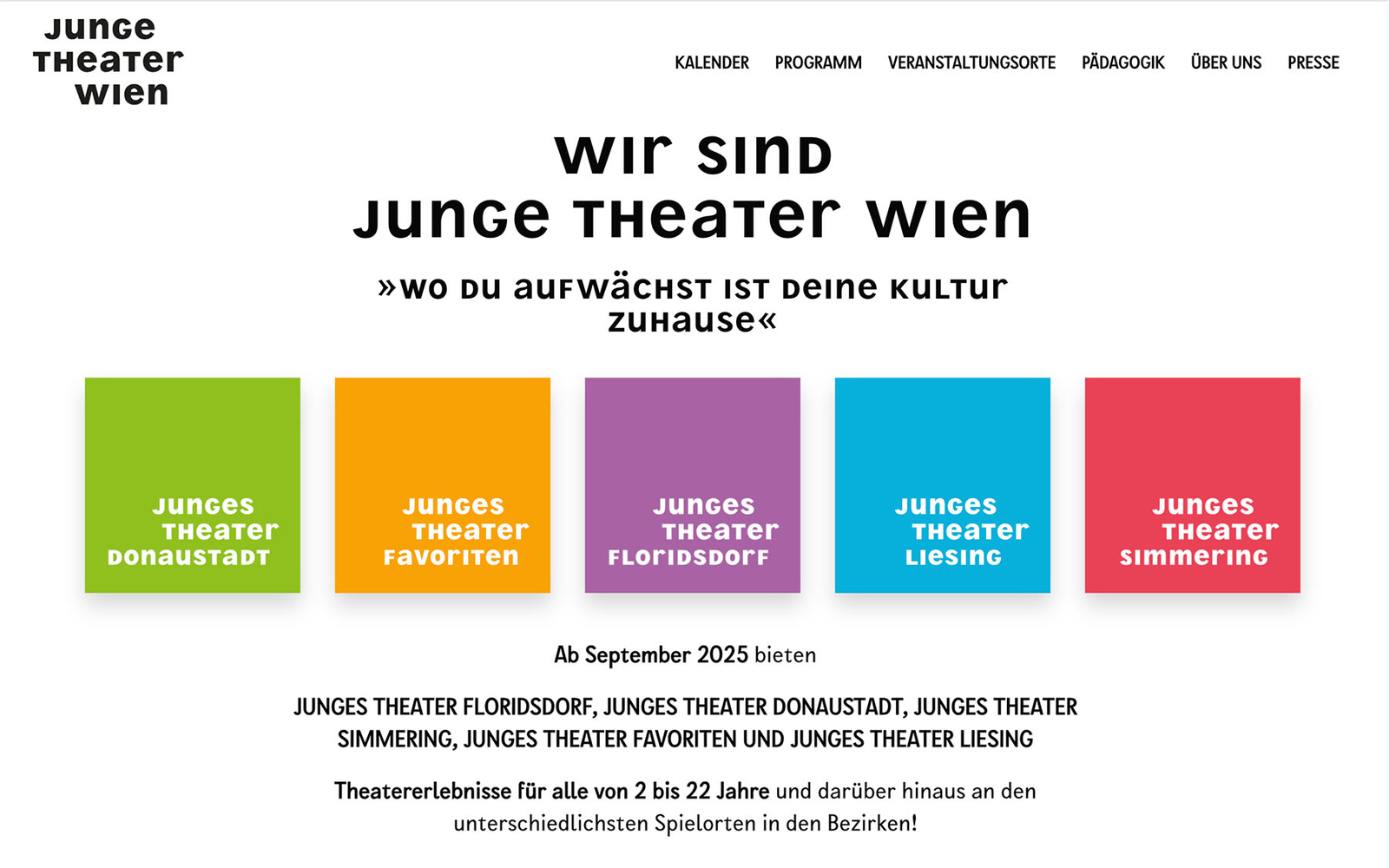 Startseite von Junge Theater Wien mit fünf bunten Kacheln, die die Bezirke zeigen, in denen Programme stattfinden.