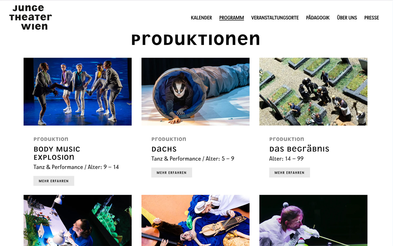 Programmseite von Junge Theater Wien mit Übersicht der aktuellen Produktionen, inklusive Fotos und kurzen Beschreibungen.