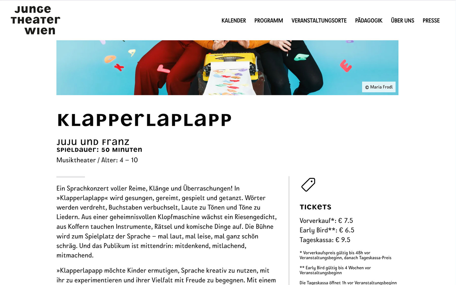 Seite von Junge Theater Wien zum Stück ‚Klapperlalapp‘ mit Inhaltsbeschreibung und Ticketpreisen.