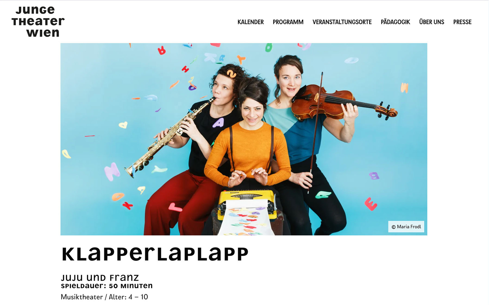 Seite von Junge Theater Wien zum Stück ‚Klapperlalapp‘ mit einem Bild des Stücks und kurzer Inhaltsbeschreibung.