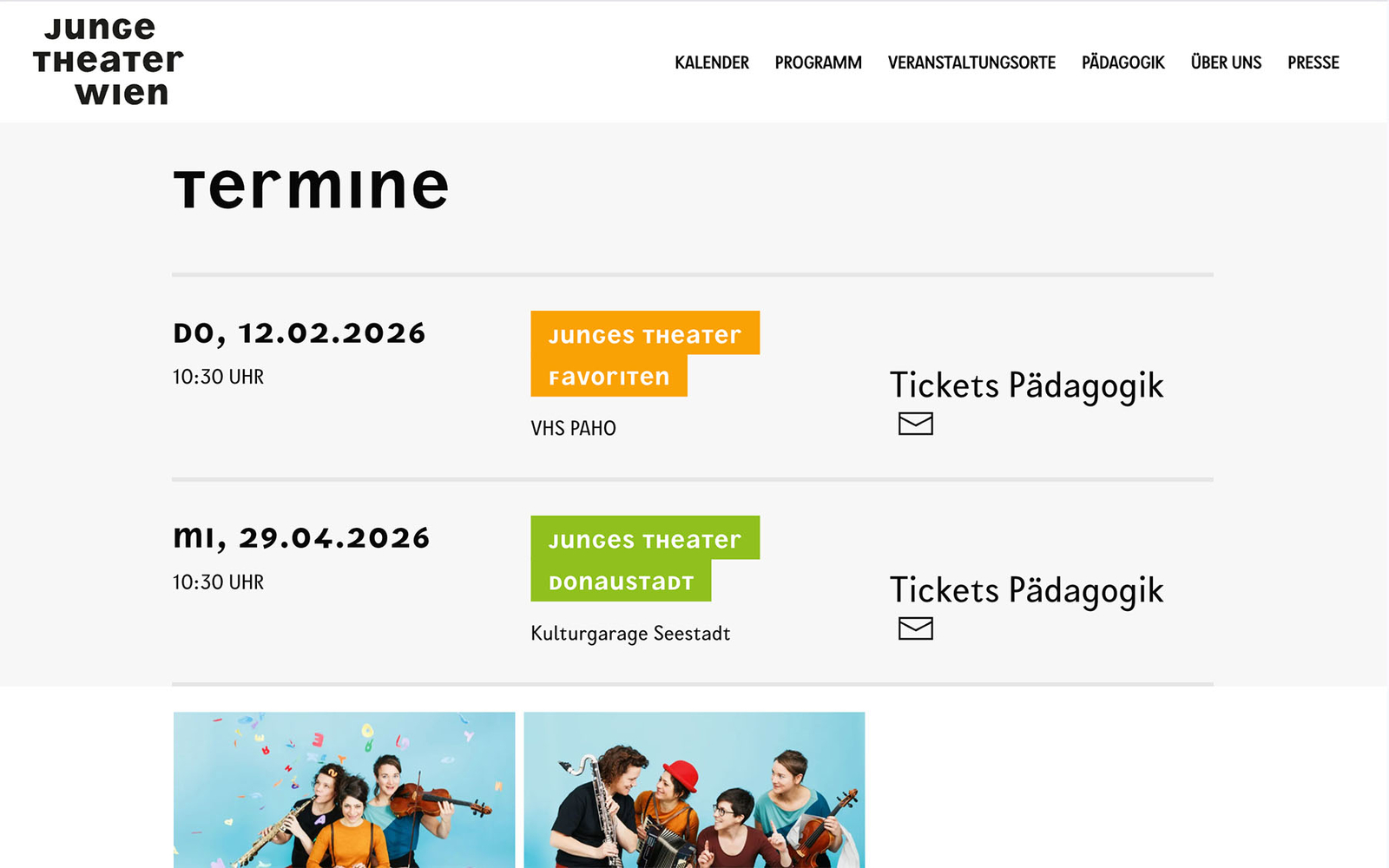 Seite von Junge Theater Wien zum Stück ‚Klapperlalapp‘ mit Terminen der Aufführungen und Bildern vom Stück.