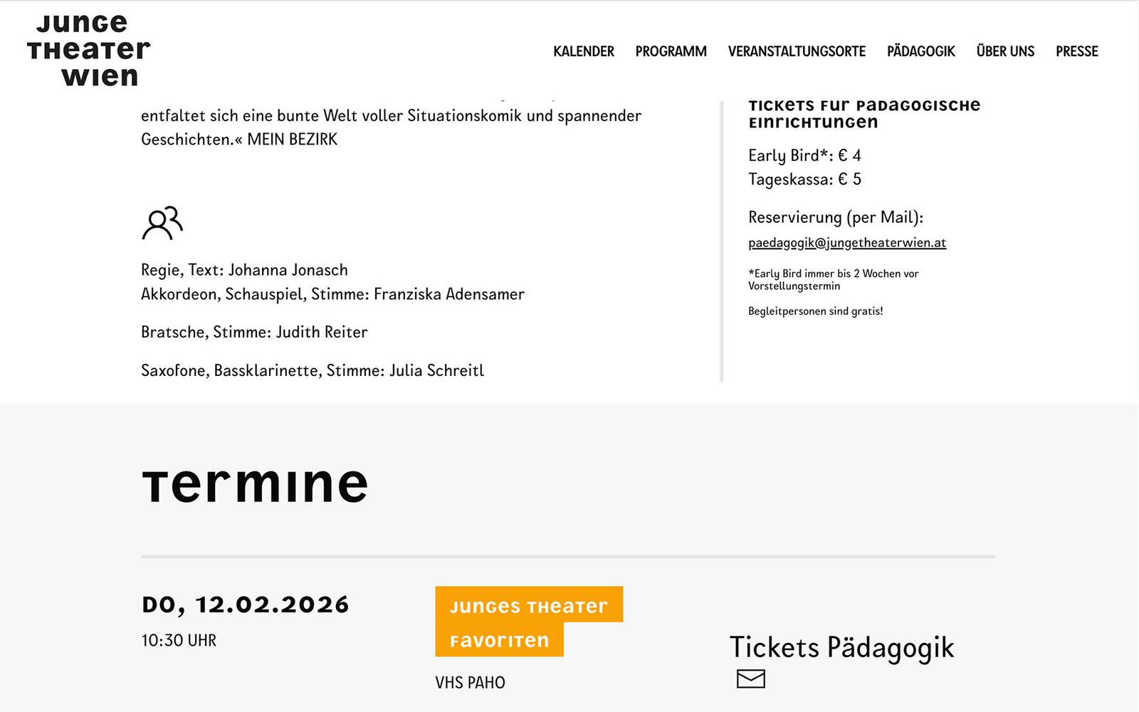 Seite von Junge Theater Wien zum Stück ‚Klapperlalapp‘ mit Inhaltsbeschreibung und aktuellen Terminen.