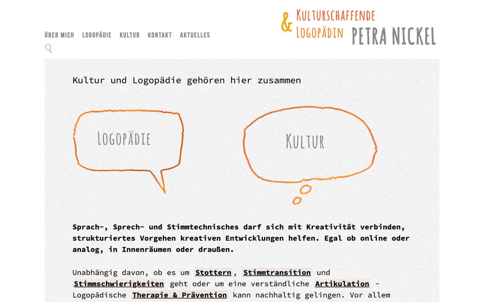 Website Petra Nickel, Kulturschaffende und Logopädin – Startseite