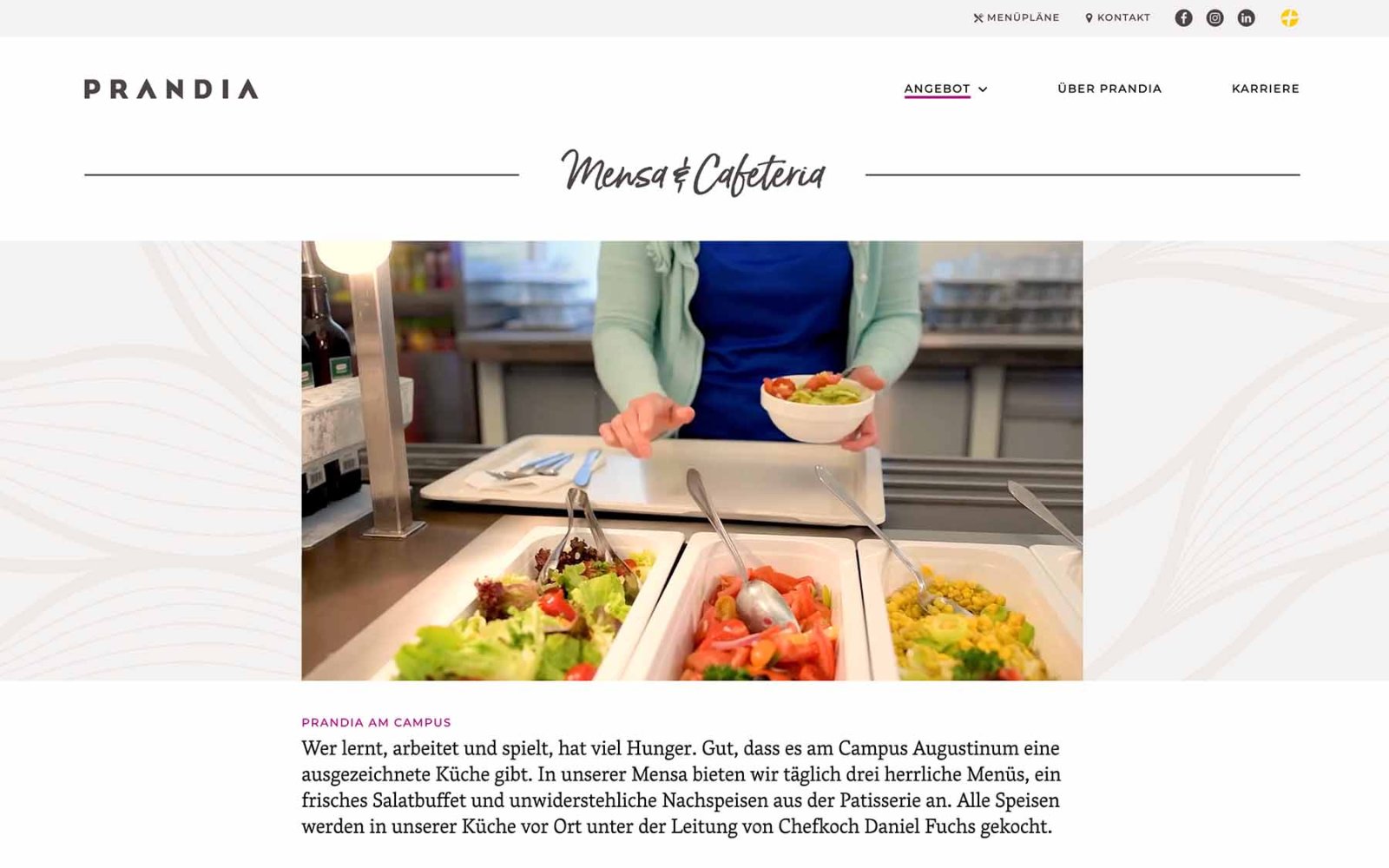 Gastronomie-Website Prandia – Angebote Mensa und Cafeteria. Text mit großem Bild.
