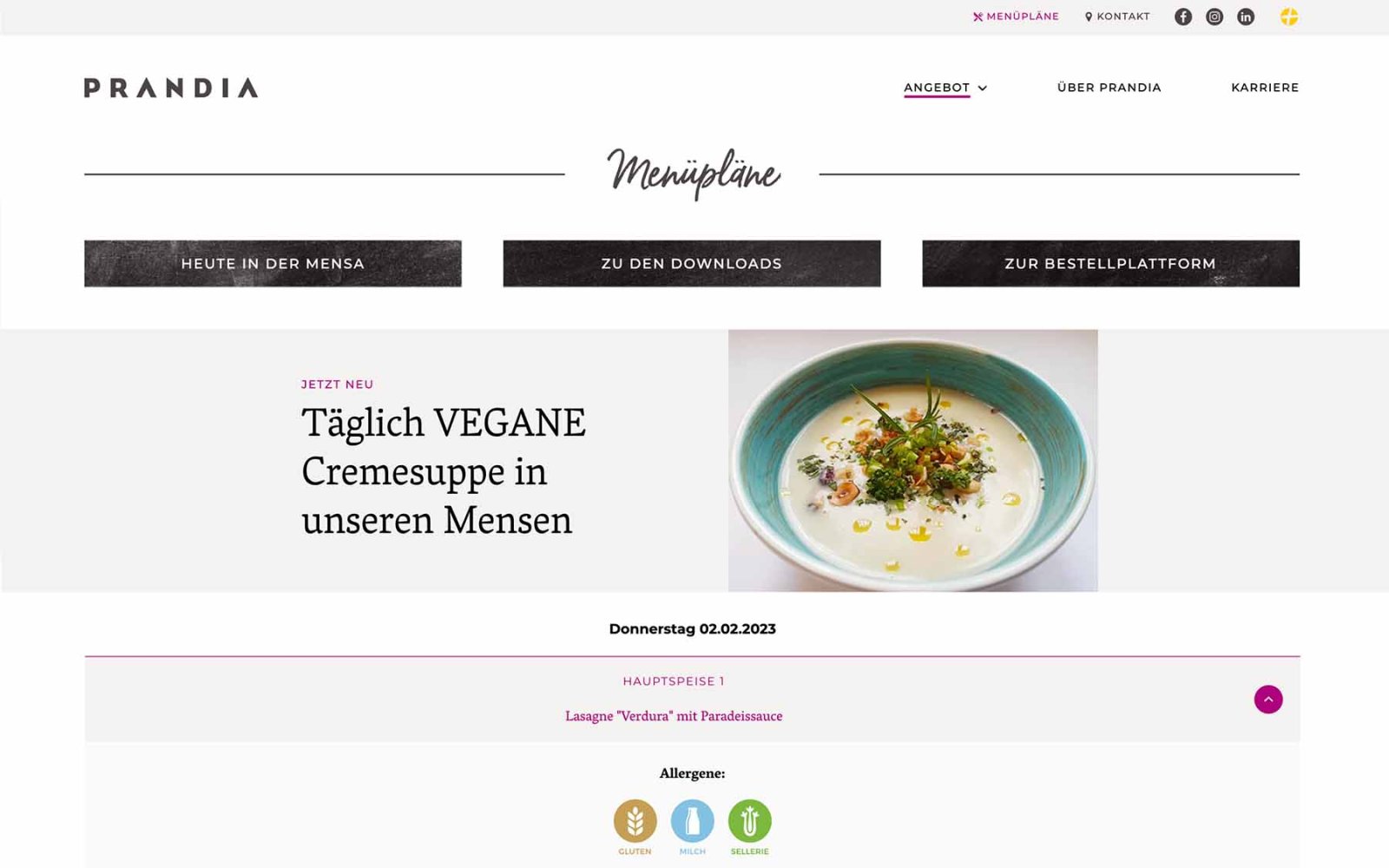 Gastronomie-Website Prandia – Übersicht Menüplan mit Allergen-Angaben.