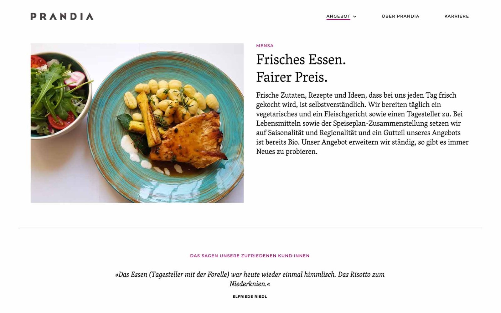 Gastronomie-Website Prandia – Angebote Mensa. Beschreibender Text mit großem Bild und Zitat.