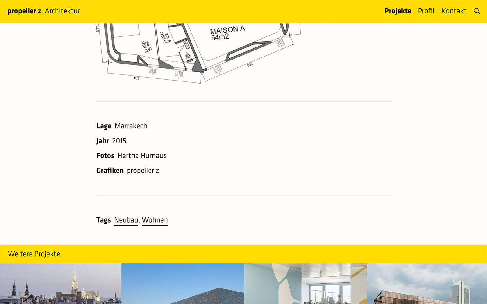 Unterseite des Architekturbüros propeller z mit Projektdaten zu den Pavillons in Marrakech, gelber Header, Logo und Navigation.