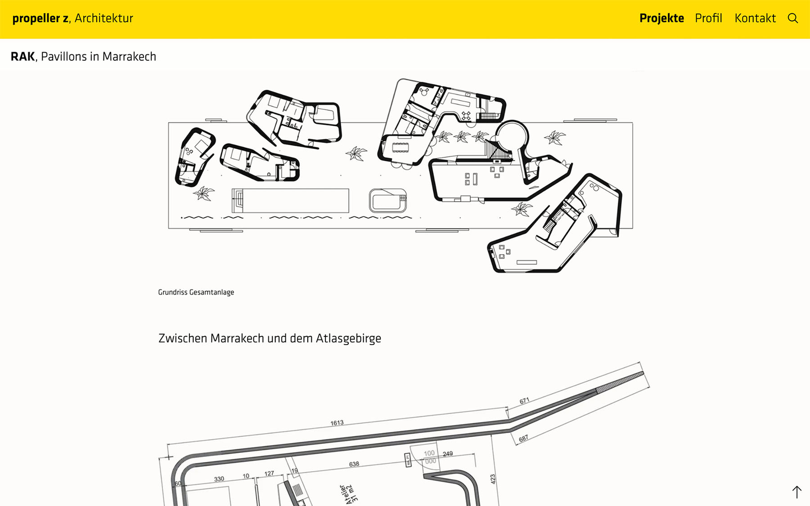 Projektseite von propeller z Architektur mit Planansicht zu den Pavillons in Marrakech mit gelbem Header, Logo und Navigation.