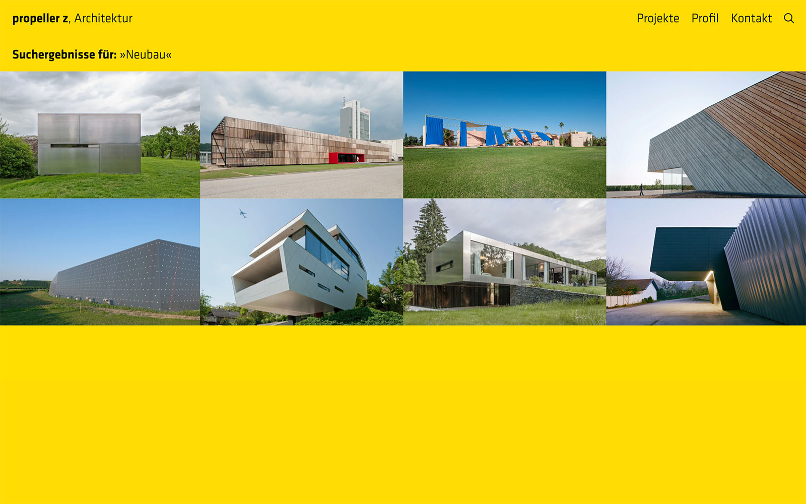Unterseite von propeller z Architektur mit Suchfunktion, Projektbildern, gelbem Header, Logo und Navigation.