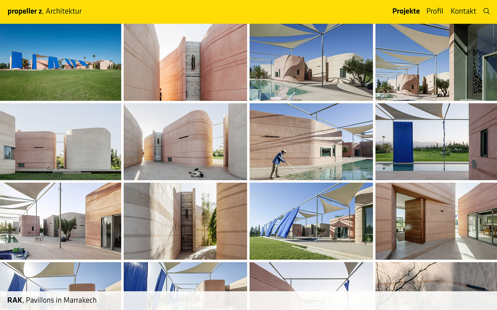 Projektseite von propeller z Architektur zu den Pavillons in Marrakech mit mehreren Projektfotos, gelbem Header, Logo und Navigation.