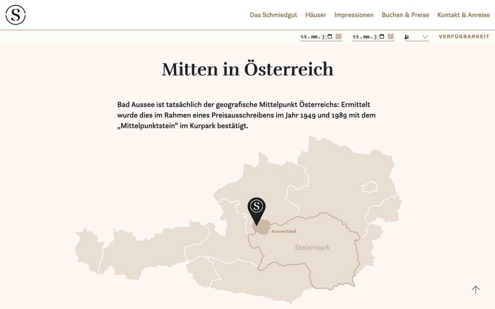 Website-Homeseite von Schmiedgut Bad Aussee mit Scrolldown Karte