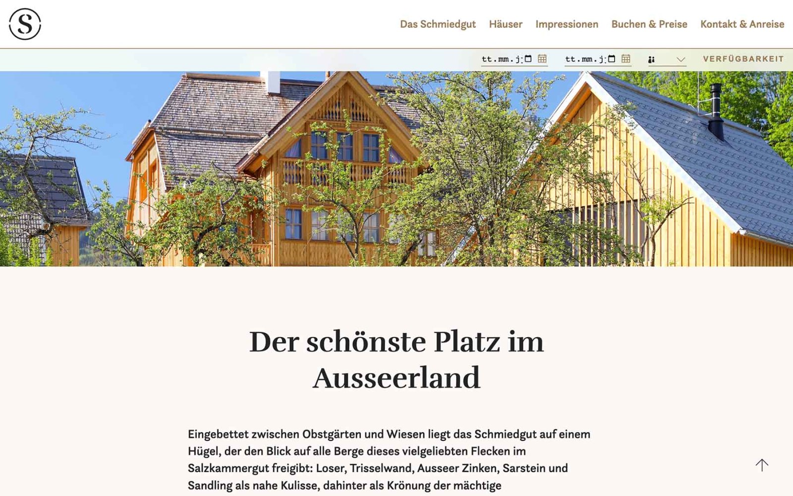 Website-Landingpage Schmiedgut Bad Aussee mit Angebot zu den jeweiligen Häuesern